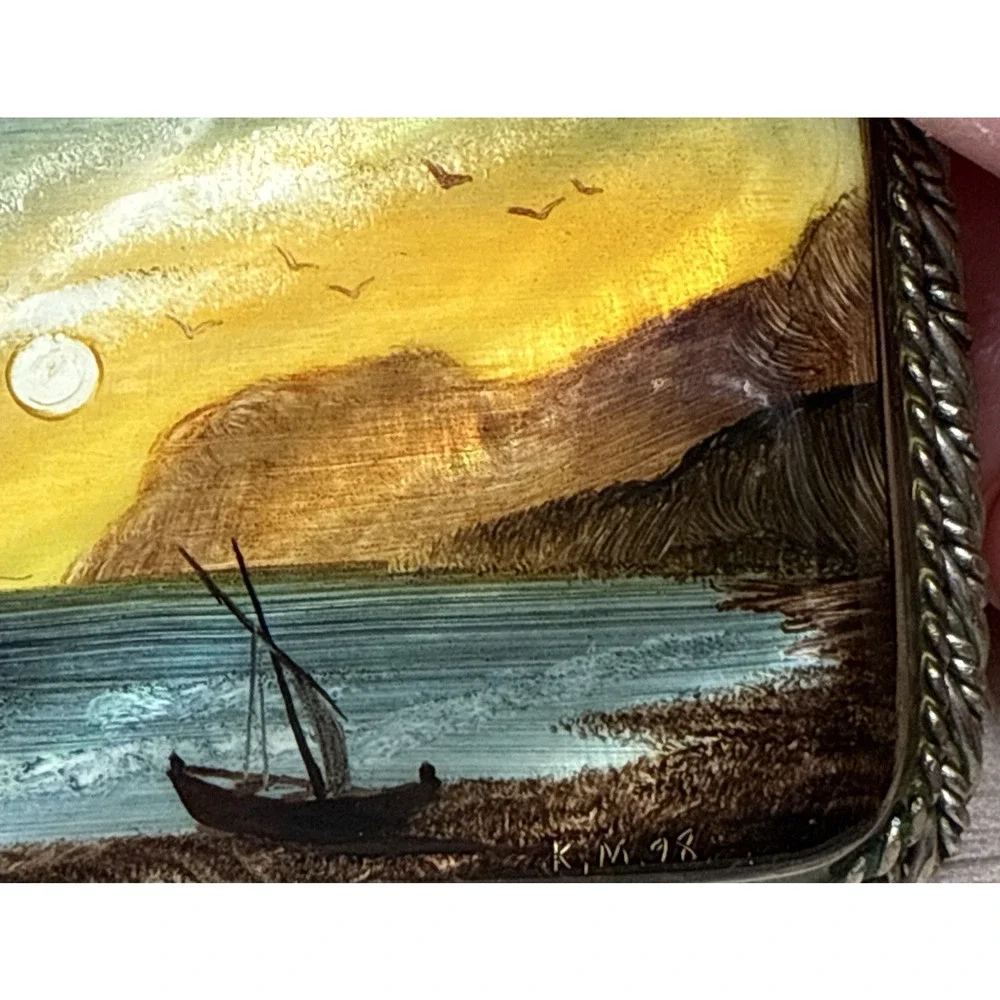 Vintage Brooch Fedoskino Hand Painted Mother of Pearl Coastal Ships Signed KM 98